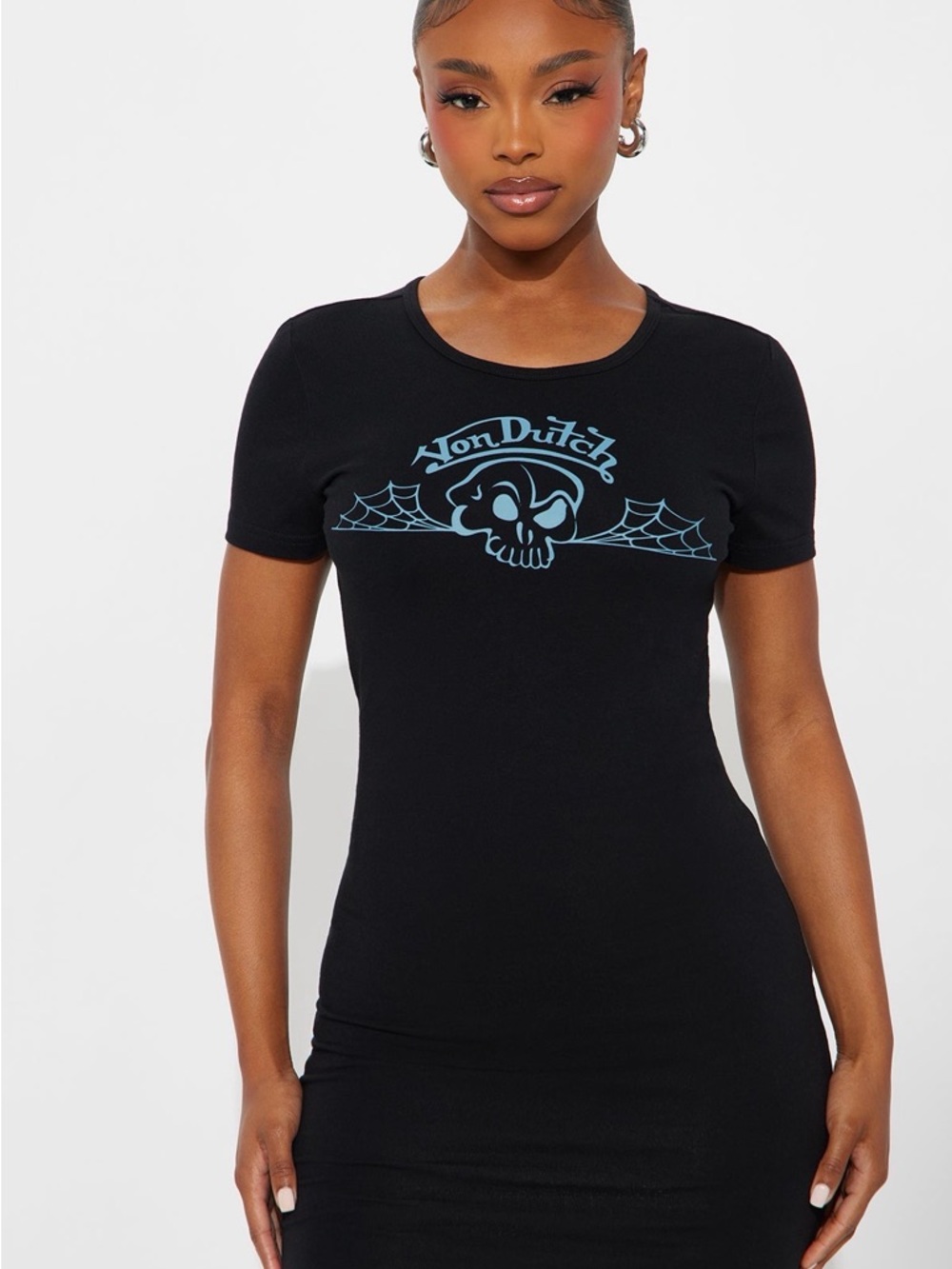 Von Dutch Black Tee with Light Blue Skull Graphic